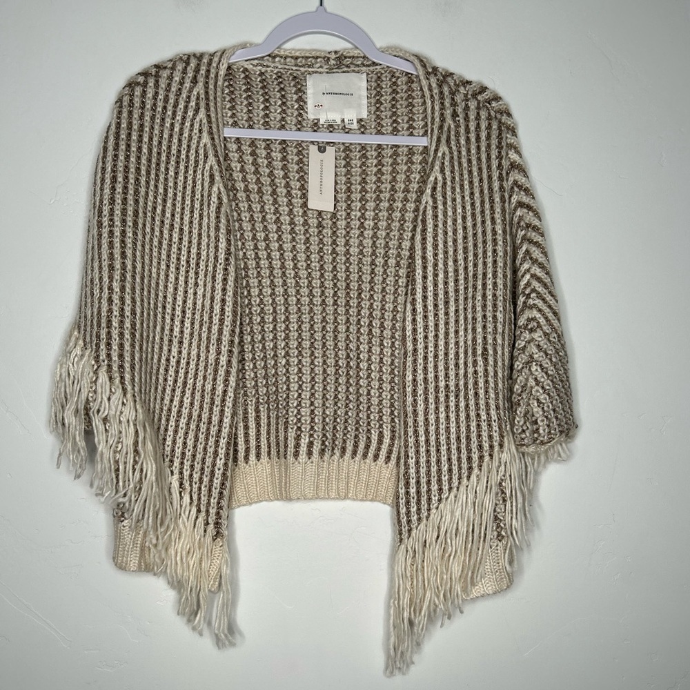 NWT Anthropologie Metallic Striped Fringe Open Front Shrug Cardigan Poncho OS - Picture 2 of 11